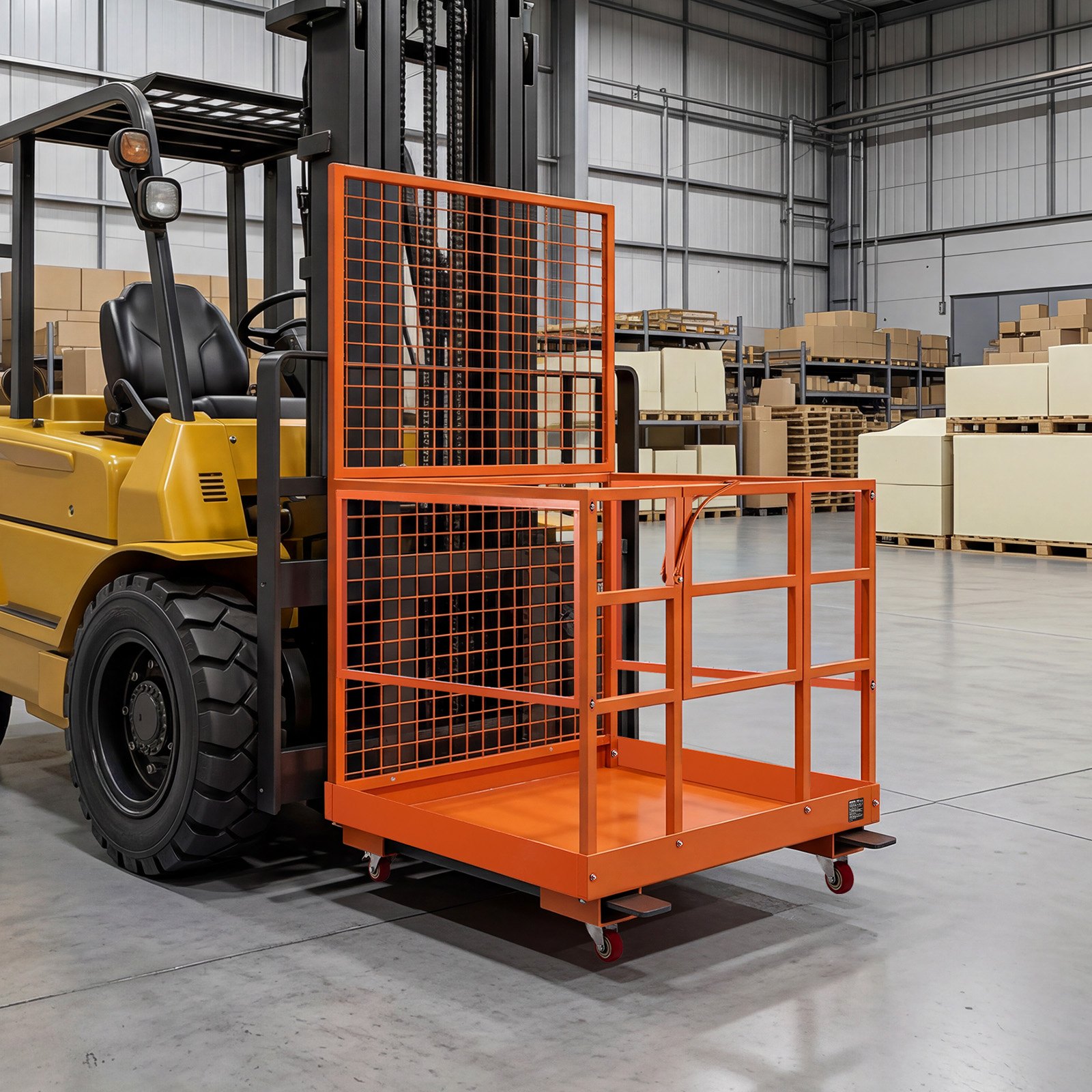 VEVOR Jaula de Seguridad para Montacargas 1225 x 1148 mm, Carga 635 kg, con Ruedas, Panel de Malla, Plataforma de Trabajo de Acero con Pasadores de Bloqueo para Carretilla Elevadora, Trabajo en Altura