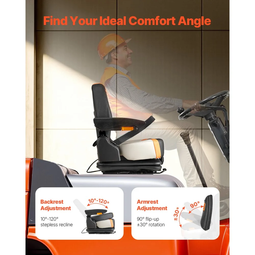 VEVOR Asiento Universal para Carretilla Elevadora 60 x 51 x 64cm, Asiento con Suspensión, Respaldo Ajustable, Reposabrazos y Cinturón de Seguridad, Microinterruptor, para Cortadora de Césped, Tractor