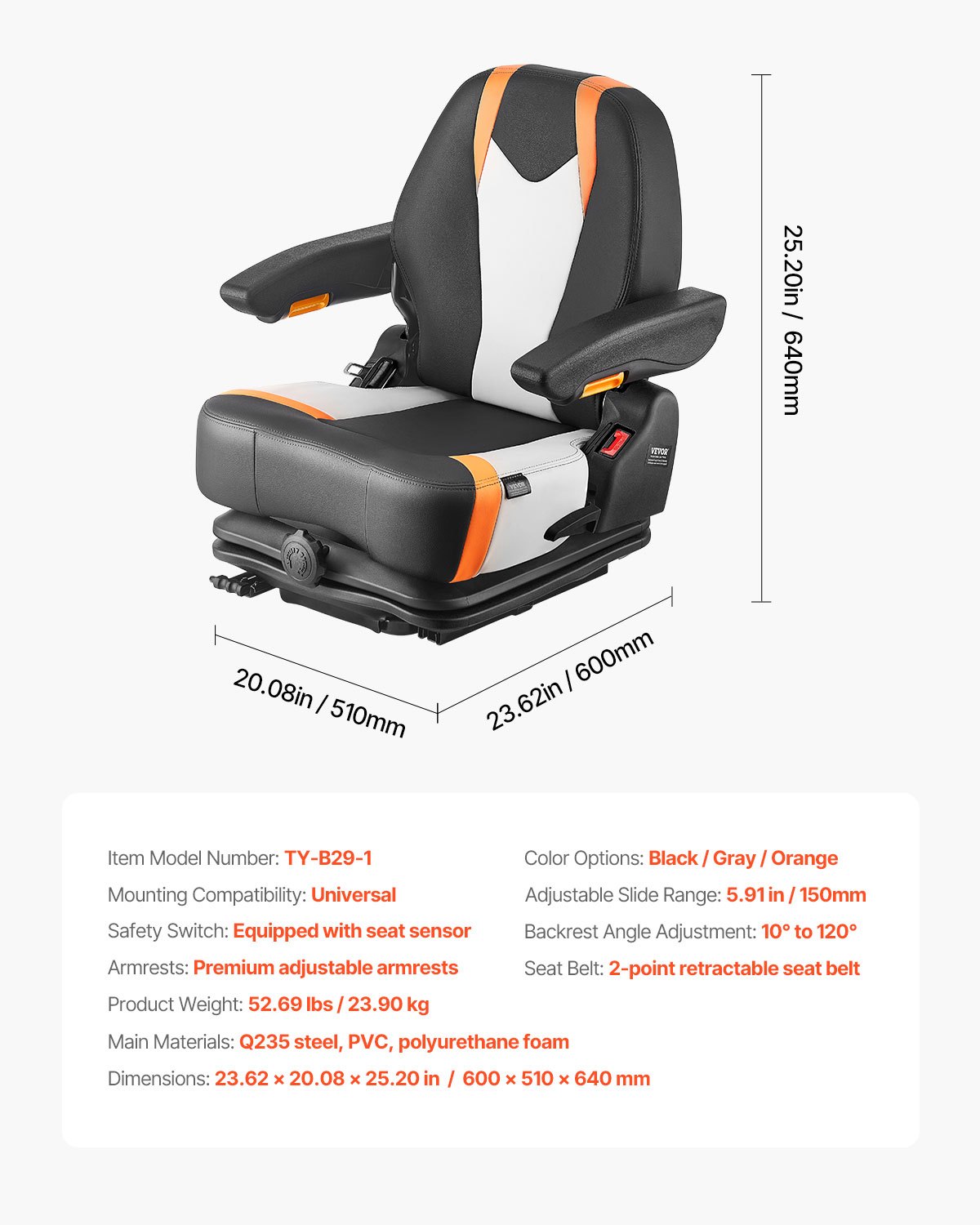 VEVOR Asiento Universal para Carretilla Elevadora 60 x 51 x 64cm, Asiento con Suspensión, Respaldo Ajustable, Reposabrazos y Cinturón de Seguridad, Microinterruptor, para Cortadora de Césped, Tractor