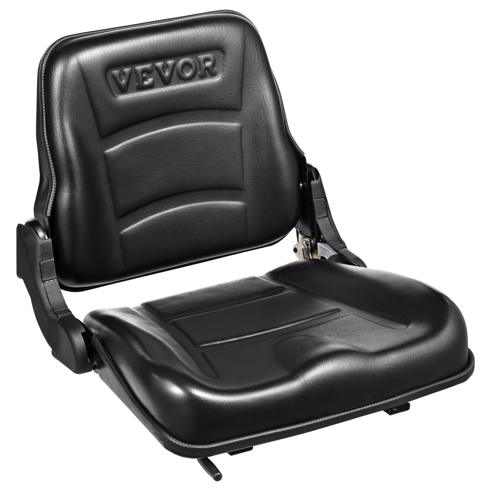 Asiento de carretilla elevadora VEVOR negro con respaldo y asiento acolchados, con fijaciones para cinturones de seguridad.