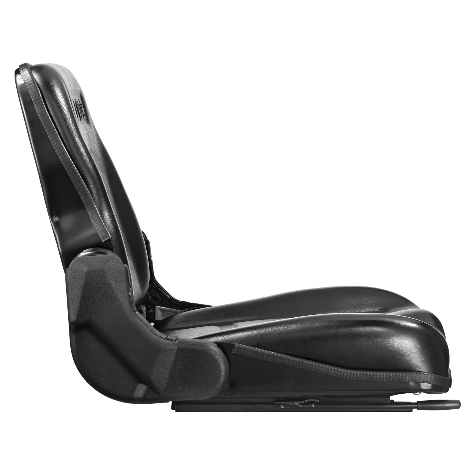 Asiento de carretilla elevadora VEVOR negro con diseño ergonómico y construcción robusta, visto desde el lateral.