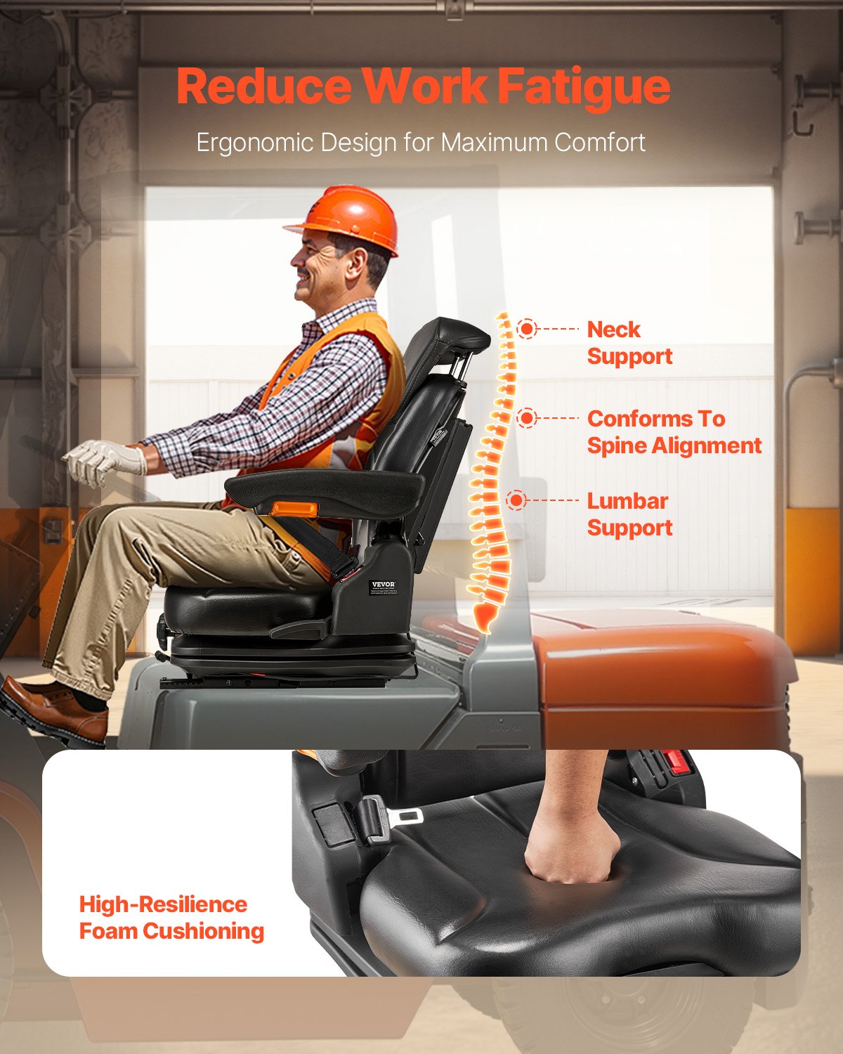 VEVOR Universal Forklift Seat 540x600x670 mm, Spring-Loaded Tractor Seat, Towing Seat, Forklift Seat, Safe Folding Seat, Lawn Mower Seat for Compact Loaders, Bulldozers