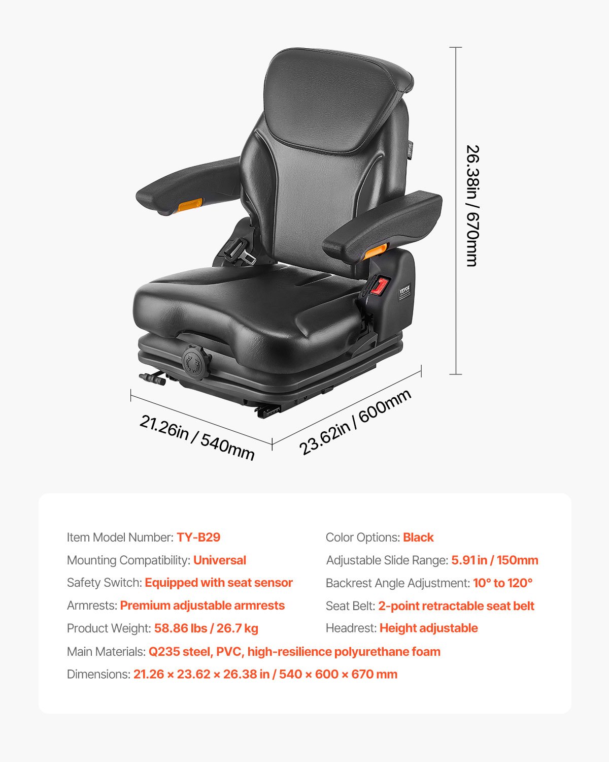 VEVOR Universal Forklift Seat 540x600x670 mm, Spring-Loaded Tractor Seat, Towing Seat, Forklift Seat, Safe Folding Seat, Lawn Mower Seat for Compact Loaders, Bulldozers