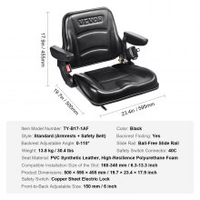 VEVOR Asiento de Carretilla Elevadora Universal Asiento de Tractor Plegable Respaldo de Ángulo Ajustable Micro Interruptor Cinturón de Seguridad Reposabrazos Ranura Extendida 160-340mm para Excavadora