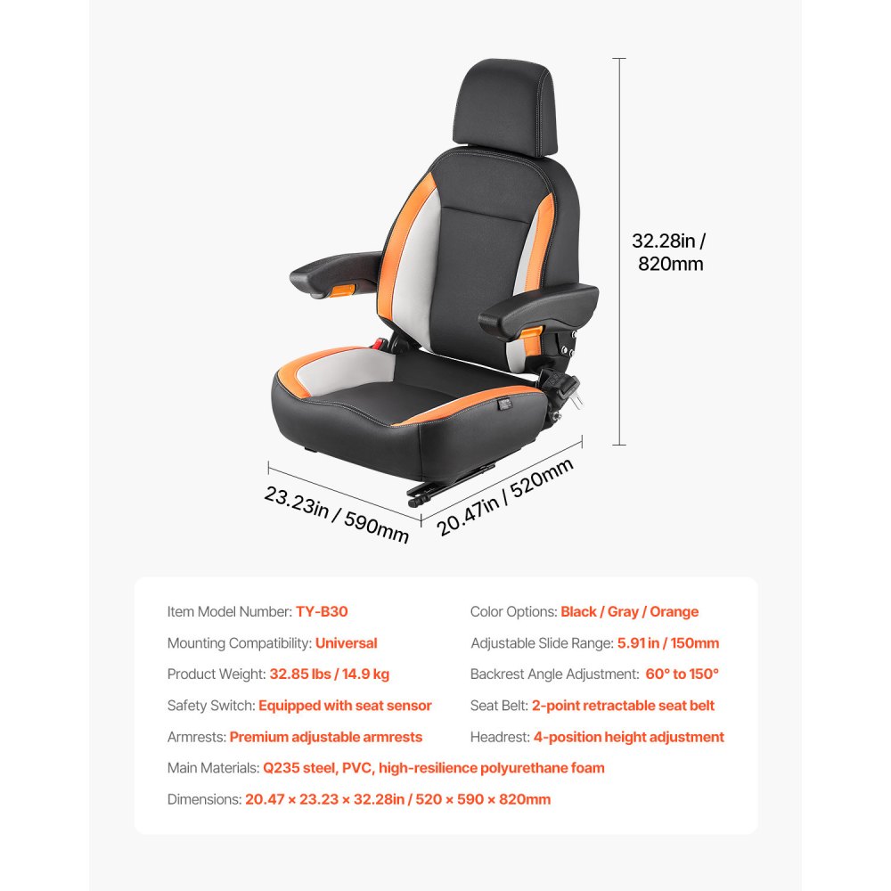 VEVOR Asiento Universal para Carretilla Elevadora 52 x 59 x 82 cm Asiento con Respaldo Ajustable, Reposabrazos, Reposacabezas y Cinturón de Seguridad, Microinterruptor, para Cortadora de Césped