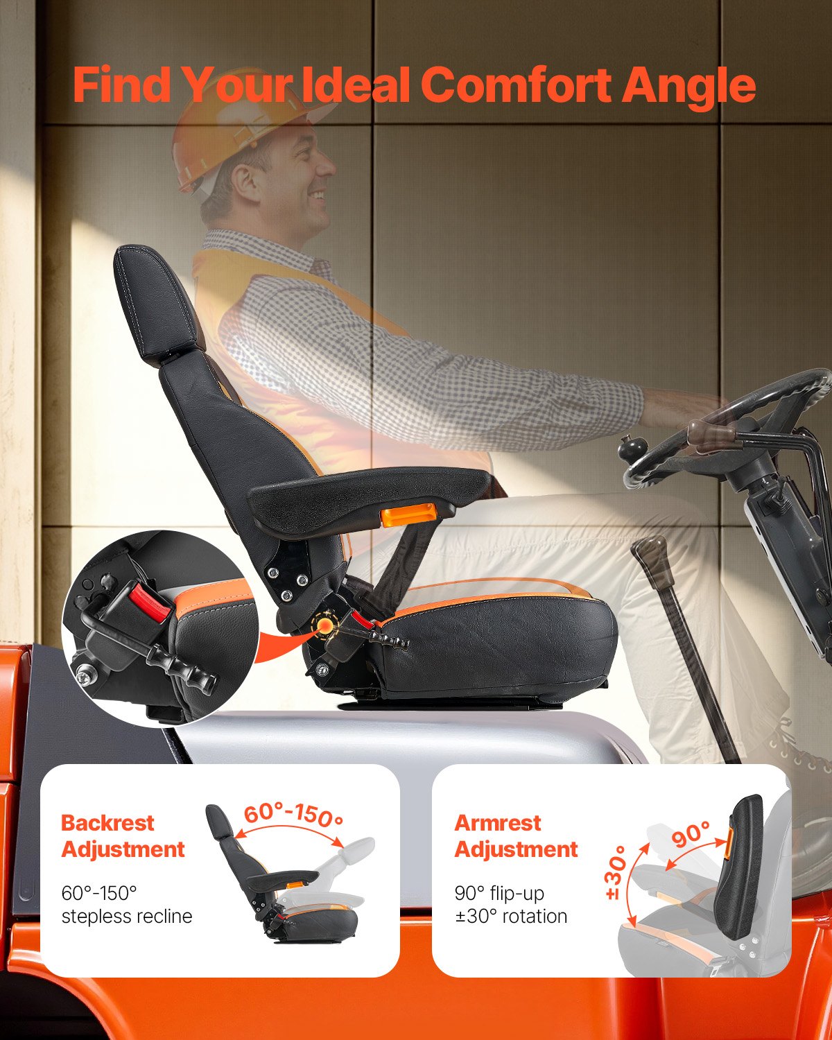 VEVOR Asiento Universal para Carretilla Elevadora 52 x 59 x 82 cm Asiento con Respaldo Ajustable, Reposabrazos, Reposacabezas y Cinturón de Seguridad, Microinterruptor, para Cortadora de Césped