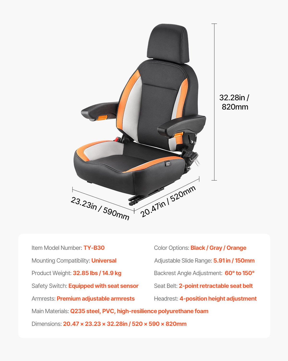 VEVOR Asiento Universal para Carretilla Elevadora 52 x 59 x 82 cm Asiento con Respaldo Ajustable, Reposabrazos, Reposacabezas y Cinturón de Seguridad, Microinterruptor, para Cortadora de Césped