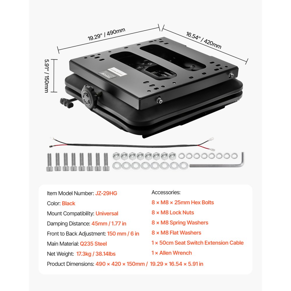 VEVOR seat suspension kit with seat slide rail, air-sprung seat suspension with dust cover, 150 mm adjustable from front to back, tractor seat suspension kit for zero-turn lawnmowers, forklifts
