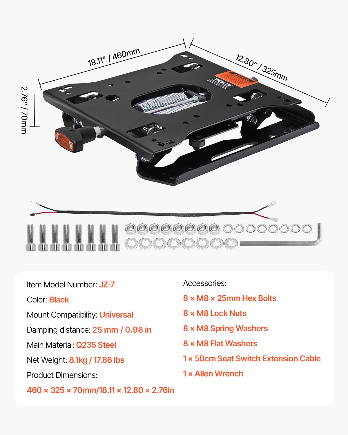 VEVOR Kit de Suspensión de Asiento Sin Riel Deslizante, Kit de Suspensión de Asiento Ajustable de Montacargas Tipo Resorte Distancia de Amortiguación 30 mm, Compatible con Cortacésped, Excavadora