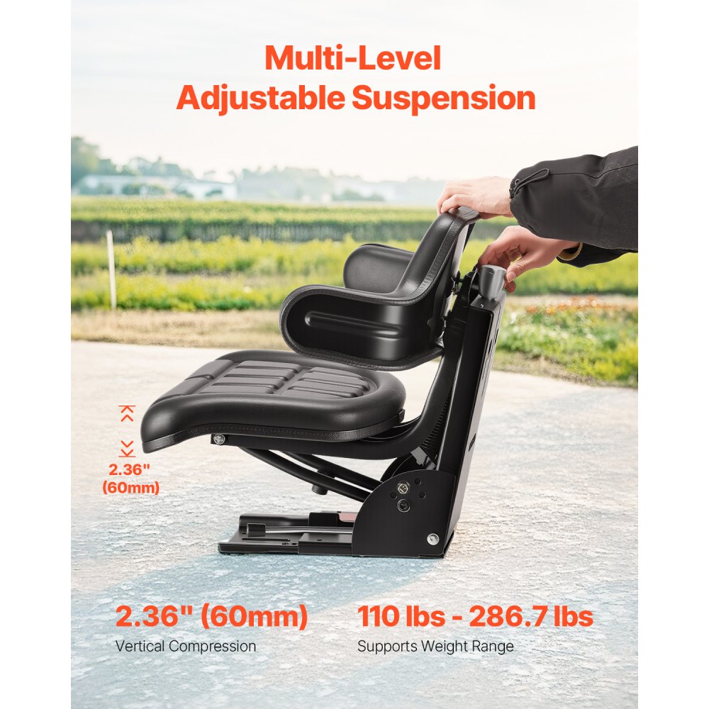 VEVOR Asiento Universal para Carretilla Elevadora de 610 x 510 x 510 mm, Asiento Elevadora Impermeable, Asiento Ajustable con Suspensión con Microinterruptor para Tractor, Cortadora de Césped