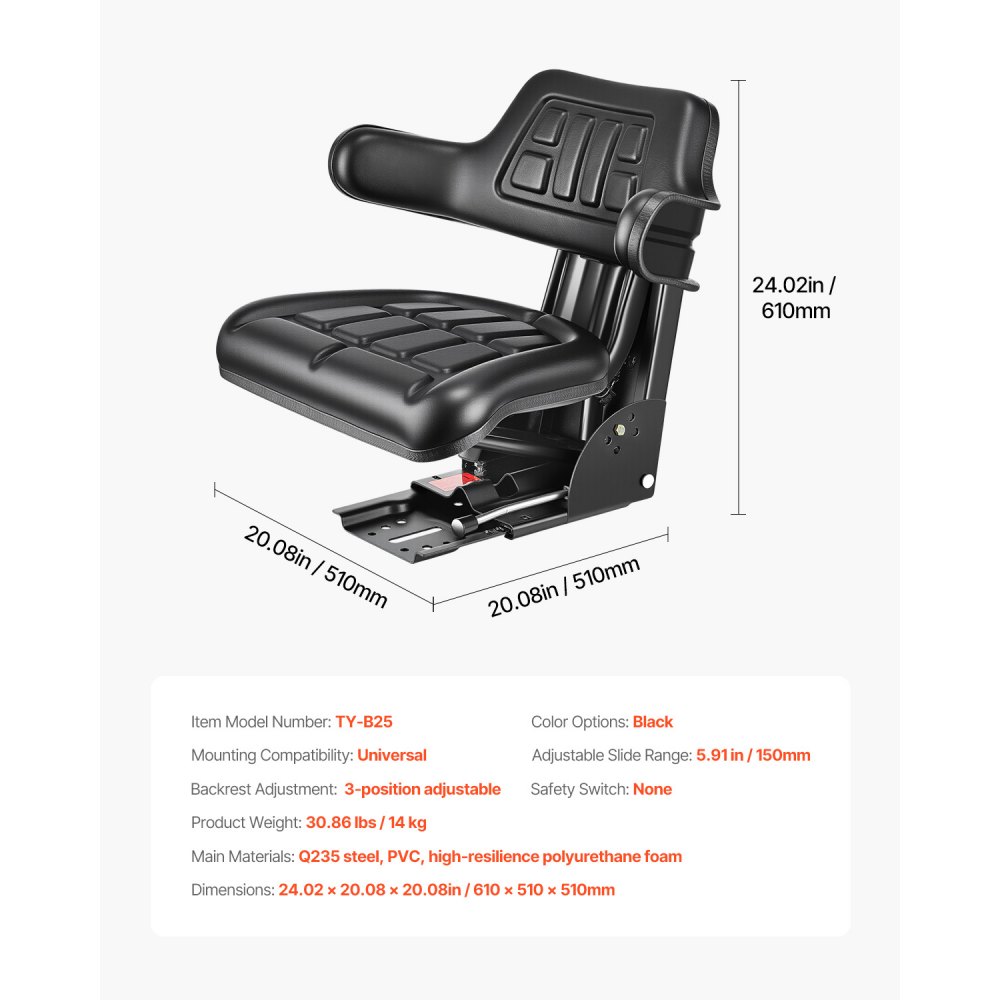 VEVOR Asiento Universal para Carretilla Elevadora de 610 x 510 x 510 mm, Asiento Elevadora Impermeable, Asiento Ajustable con Suspensión con Microinterruptor para Tractor, Cortadora de Césped