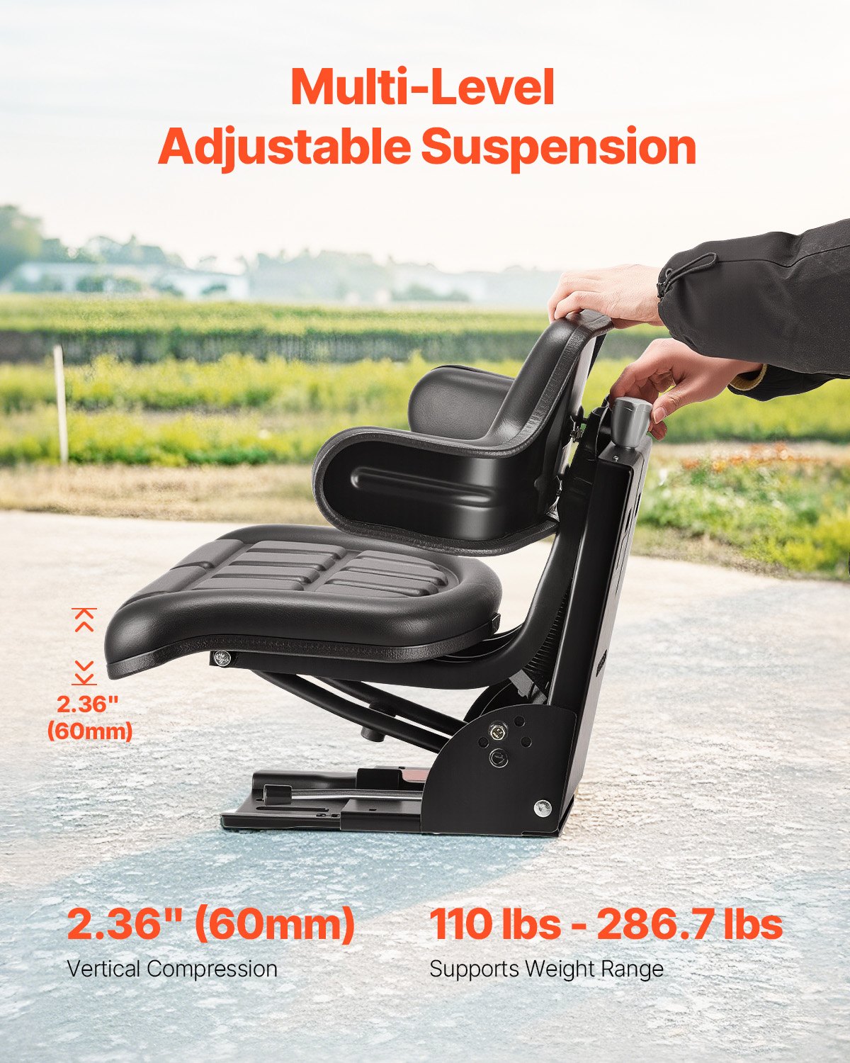 VEVOR Asiento Universal para Carretilla Elevadora de 610 x 510 x 510 mm, Asiento Elevadora Impermeable, Asiento Ajustable con Suspensión con Microinterruptor para Tractor, Cortadora de Césped