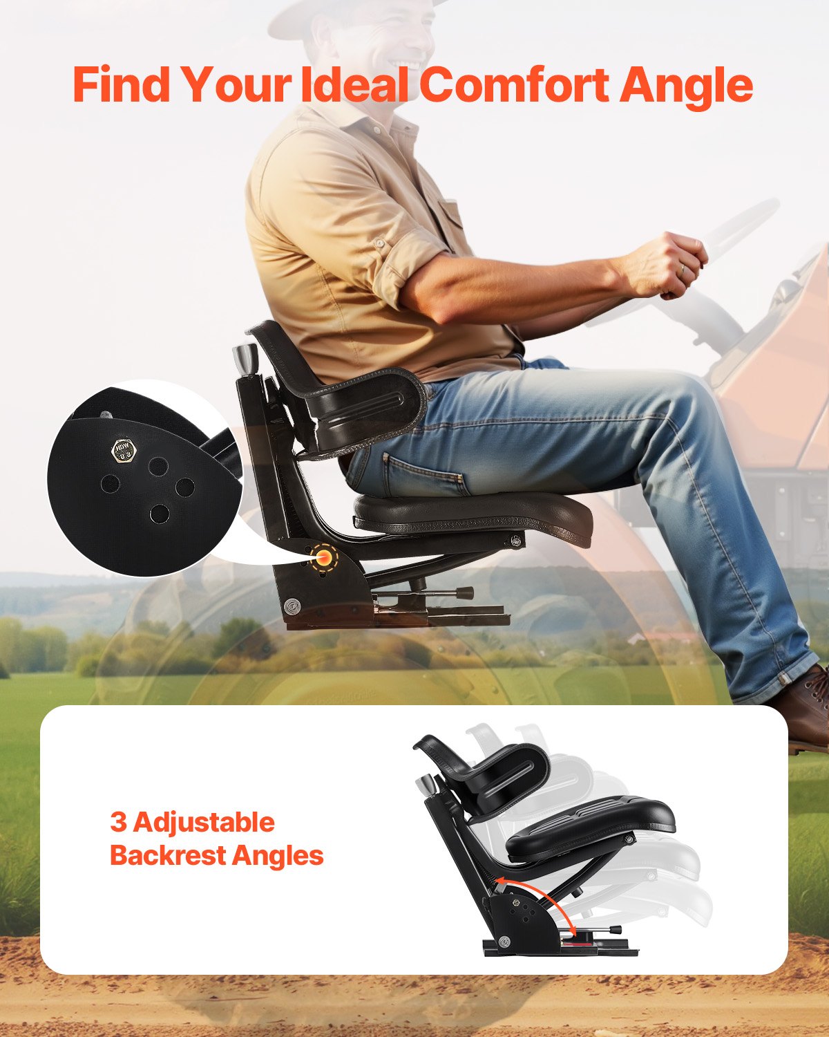 VEVOR Asiento Universal para Carretilla Elevadora de 610 x 510 x 510 mm, Asiento Elevadora Impermeable, Asiento Ajustable con Suspensión con Microinterruptor para Tractor, Cortadora de Césped