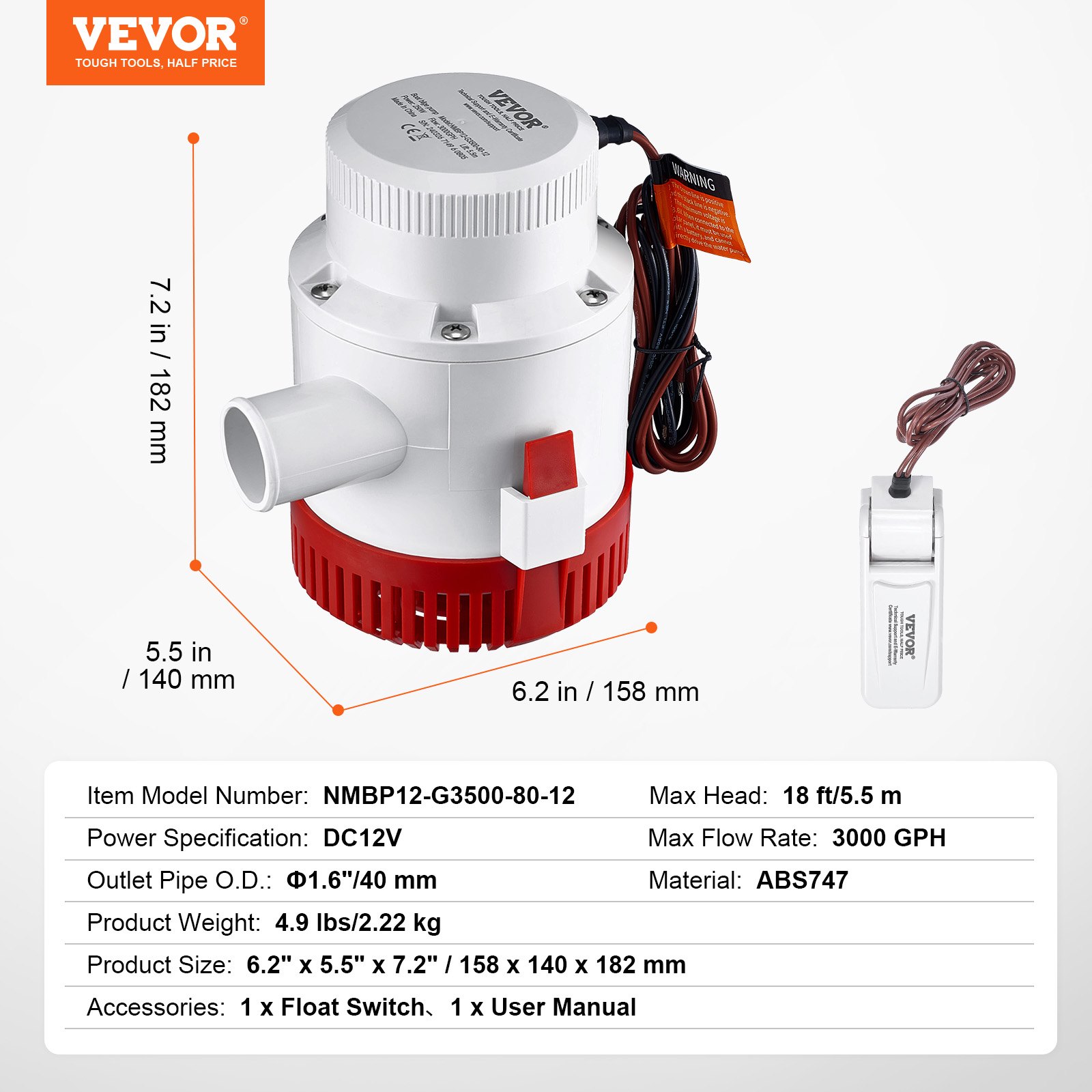 VEVOR Bomba de Sentina, 3000 GPH 12 V Bomba de Agua de Sentina Sumergible Automática para Barcos con Interruptor de Flotador, Diámetro de Salida de 1,6 Pulgadas para Auto Barcos Estanques