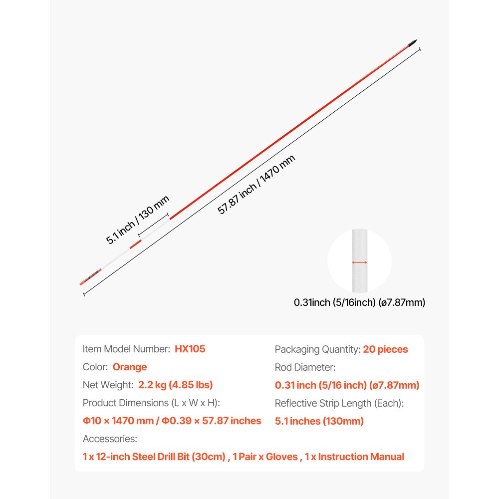 VEVOR Marcadores de Entrada, 20 PCS de Φ 10 x 1470 mm Reflectores de Alta Visibilidad con Brocas de Acero de 30 cm Bastones Reflectantes de Fibra de Vidrio para Nieve, Estacionamientos, Pasarelas