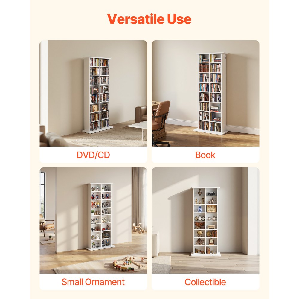 VEVOR Estantería de Pared, 559 x 222 x 1295 mm, Mueble de Almacenamiento, Estantes de 8 Niveles, 16 Compartimentos, con Dispositivo Antivuelco, Organizador para CDs DVDs Libros, para Salón Oficina