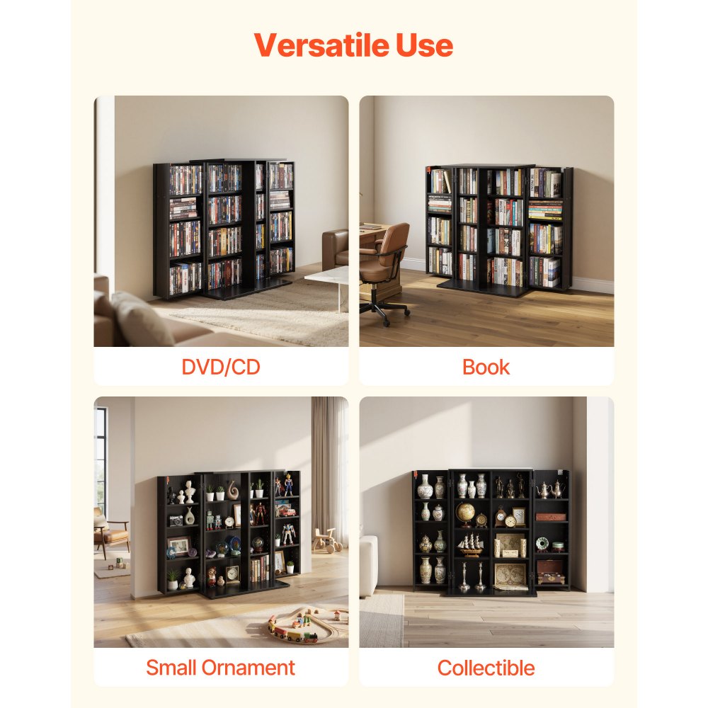 VEVOR Estantería de Pared, 610 x 368 x 846 mm, Mueble de Almacenamiento, 2 Puertas y 16 Compartimentos, con Dispositivos Antivuelco, para CDs DVDs Libros Juegos, Armario para Salón Oficina, Negro