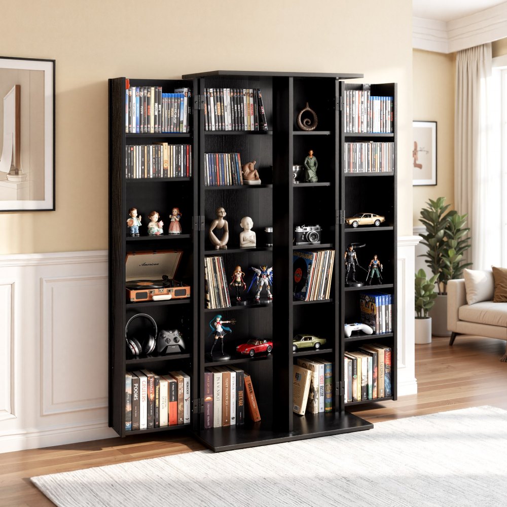 VEVOR Estantería de Pared, 610 x 368 x 1270 mm, Mueble de Almacenamiento, con 2 Puertas y 24 Compartimentos, Estantes Ajustables, para CDs DVDs Libros Videojuegos, Armario para Salón Oficina, Negro