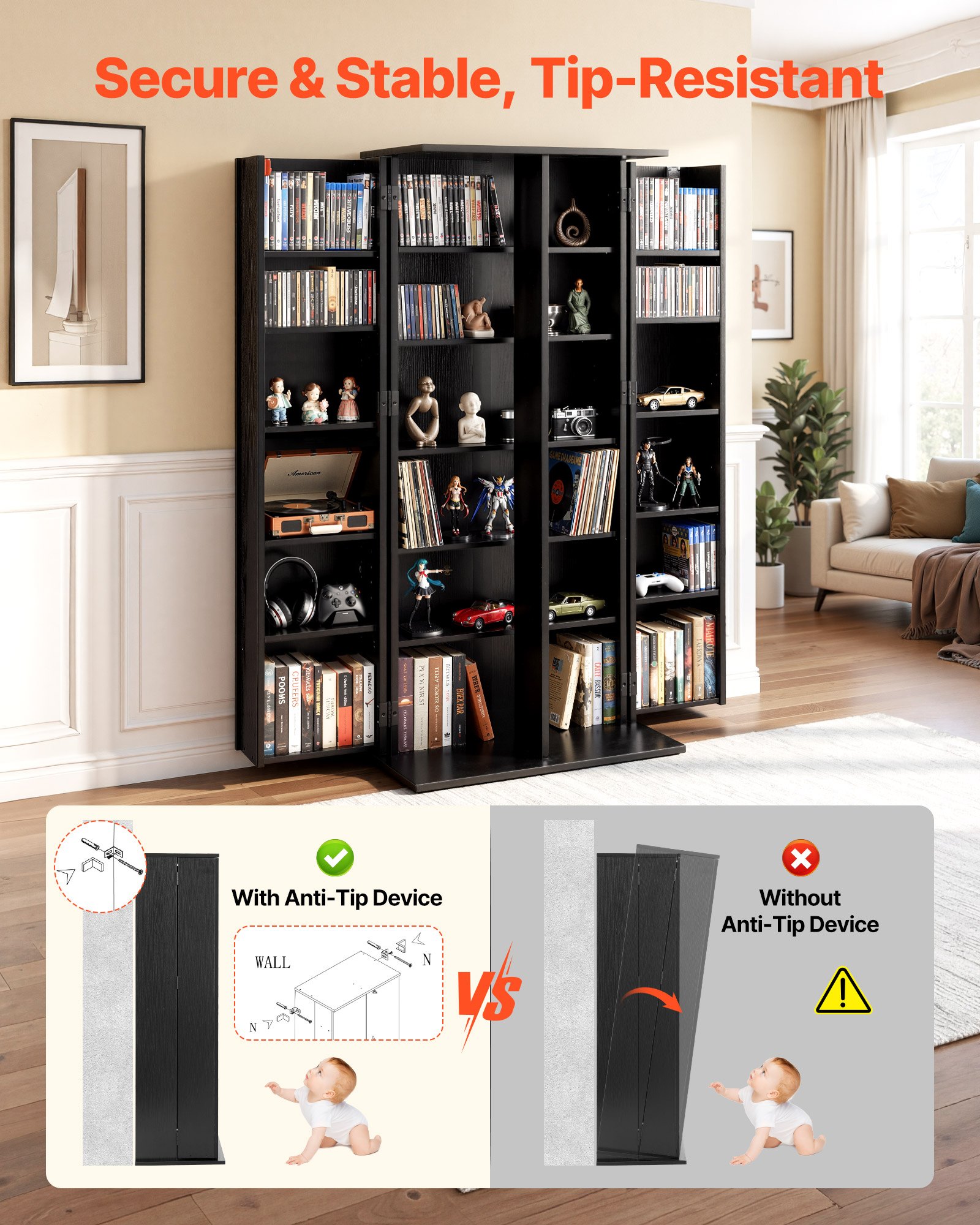 VEVOR Estantería de Pared, 610 x 368 x 1270 mm, Mueble de Almacenamiento, con 2 Puertas y 24 Compartimentos, Estantes Ajustables, para CDs DVDs Libros Videojuegos, Armario para Salón Oficina, Negro