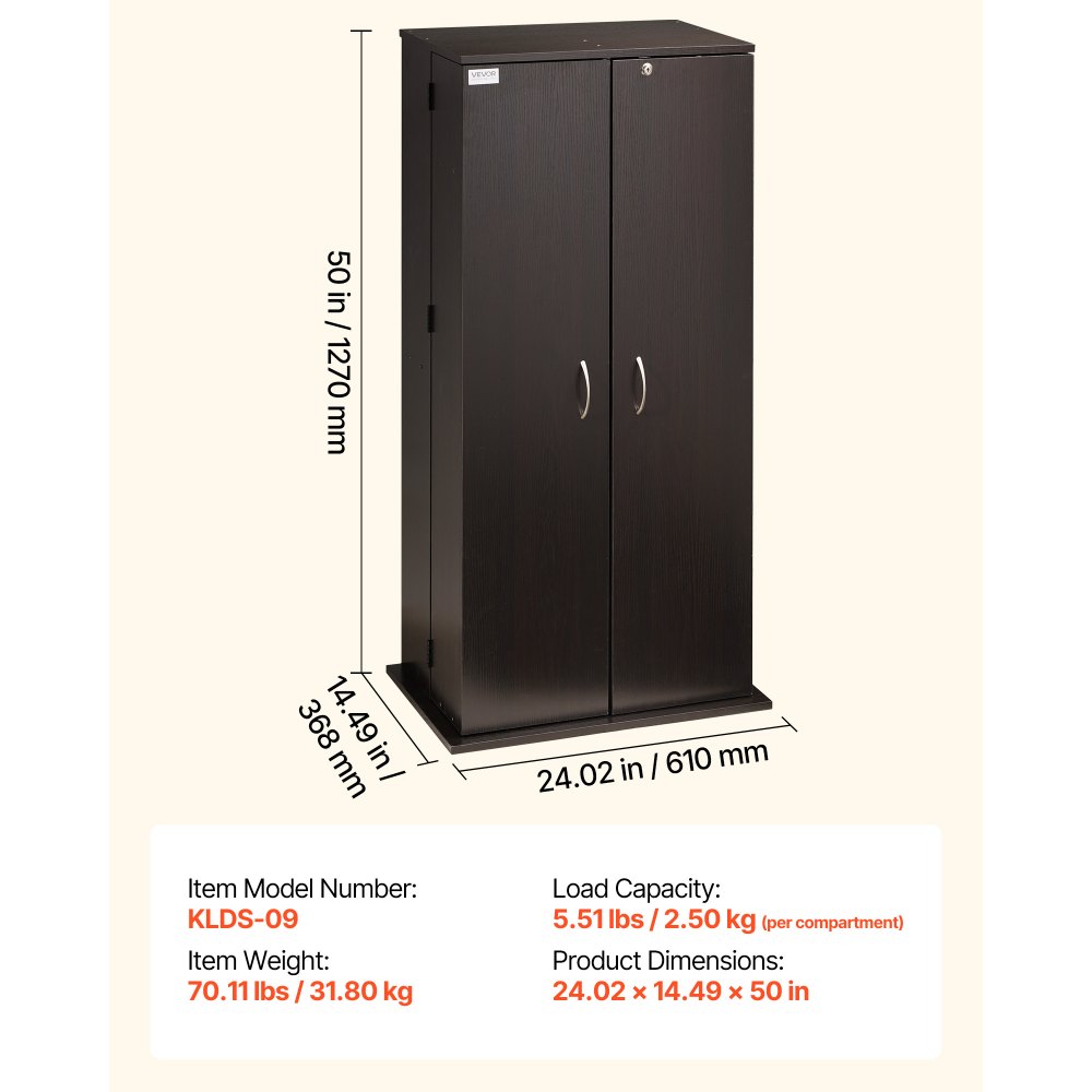 VEVOR Estantería de Pared, 610 x 368 x 1270 mm, Mueble de Almacenamiento, con 2 Puertas y 24 Compartimentos, Estantes Ajustables, Organizador para CDs DVDs Libros Juegos, para Salón Oficina, Marrón