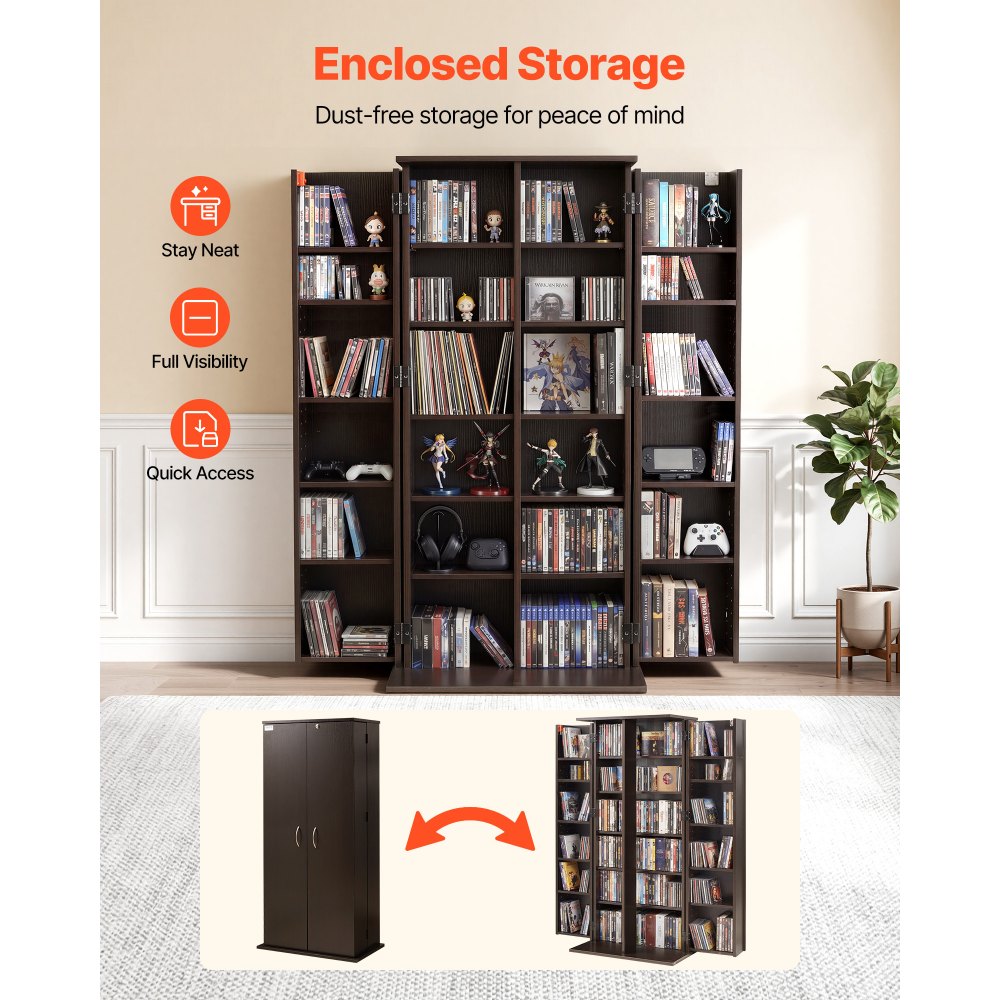 VEVOR Estantería de Pared, 610 x 368 x 1270 mm, Mueble de Almacenamiento, con 2 Puertas y 24 Compartimentos, Estantes Ajustables, Organizador para CDs DVDs Libros Juegos, para Salón Oficina, Marrón
