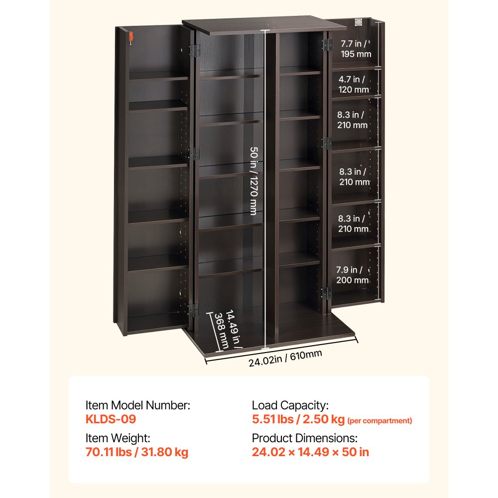 VEVOR Estantería de Pared, 610 x 368 x 1270 mm, Mueble de Almacenamiento, con 2 Puertas y 24 Compartimentos, Estantes Ajustables, Organizador para CDs DVDs Libros Juegos, para Salón Oficina, Marrón