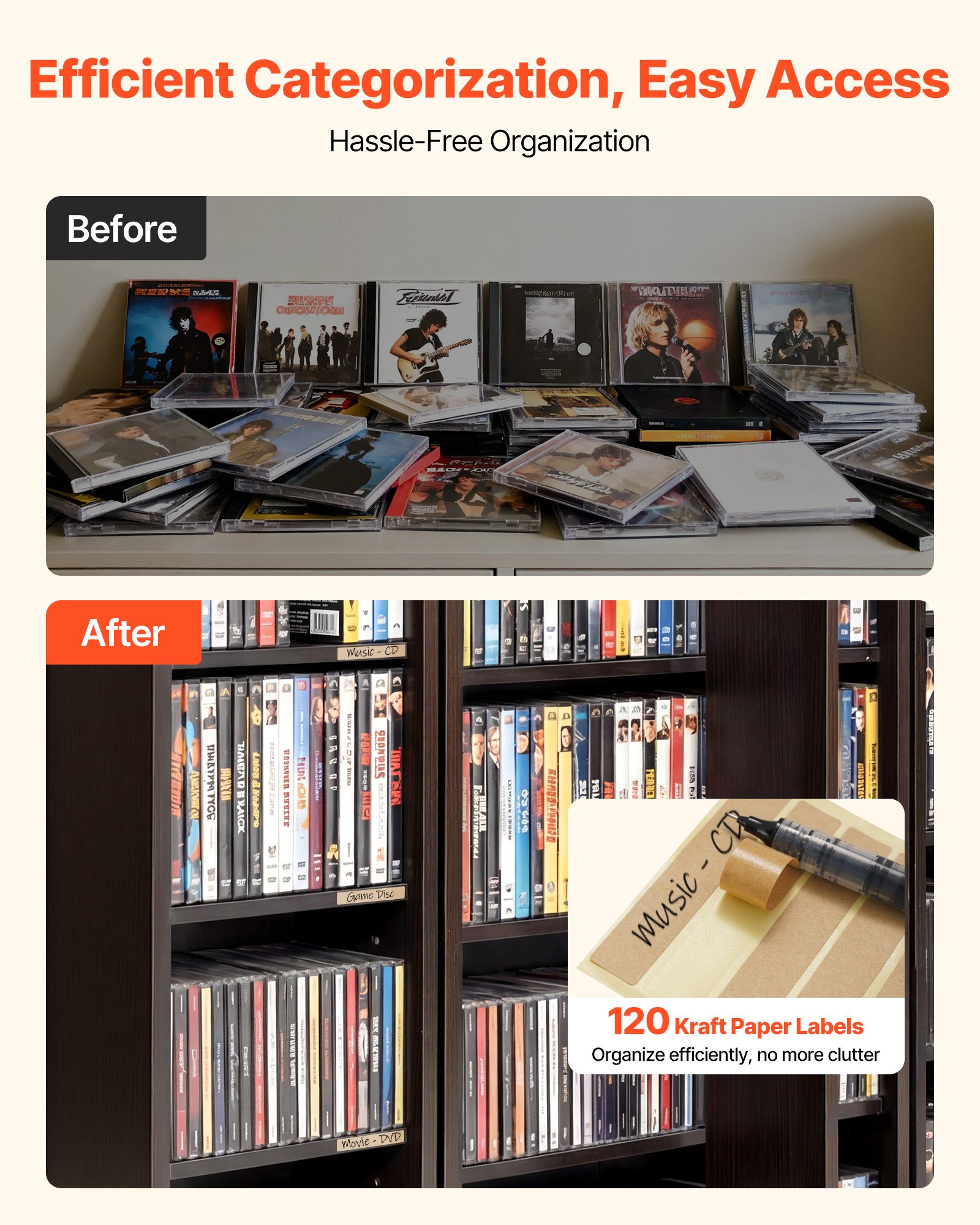 VEVOR Estantería de Pared, 610 x 368 x 1270 mm, Mueble de Almacenamiento, con 2 Puertas y 24 Compartimentos, Estantes Ajustables, Organizador para CDs DVDs Libros Juegos, para Salón Oficina, Marrón