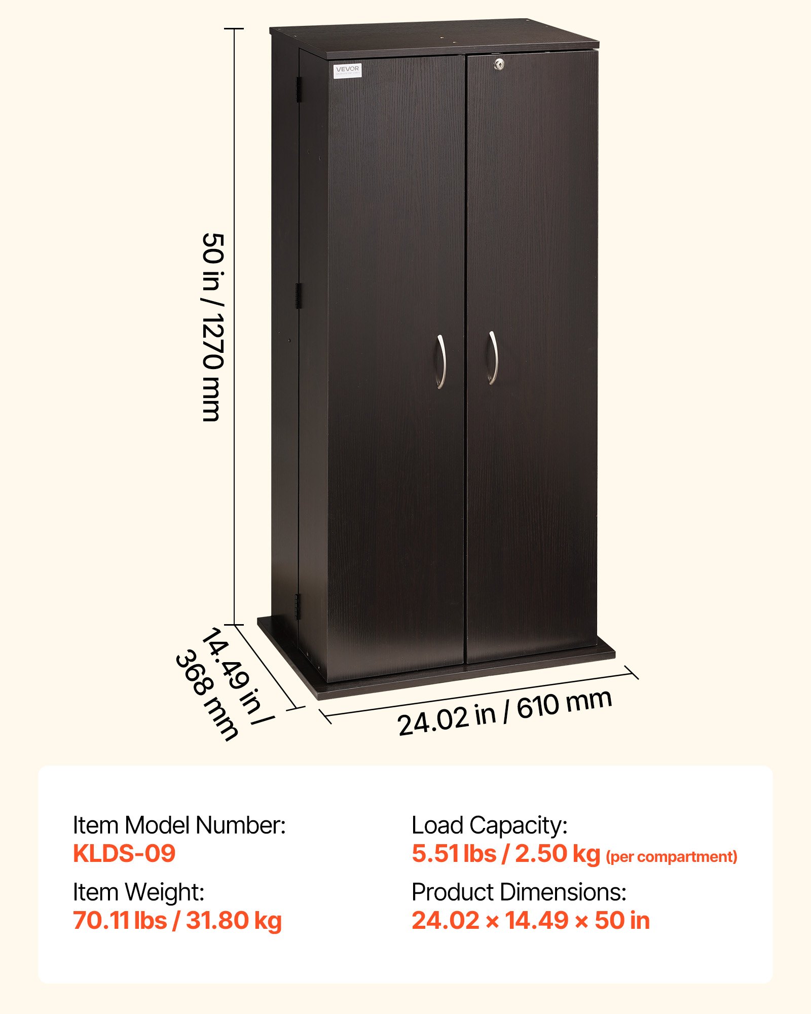 VEVOR Estantería de Pared, 610 x 368 x 1270 mm, Mueble de Almacenamiento, con 2 Puertas y 24 Compartimentos, Estantes Ajustables, Organizador para CDs DVDs Libros Juegos, para Salón Oficina, Marrón