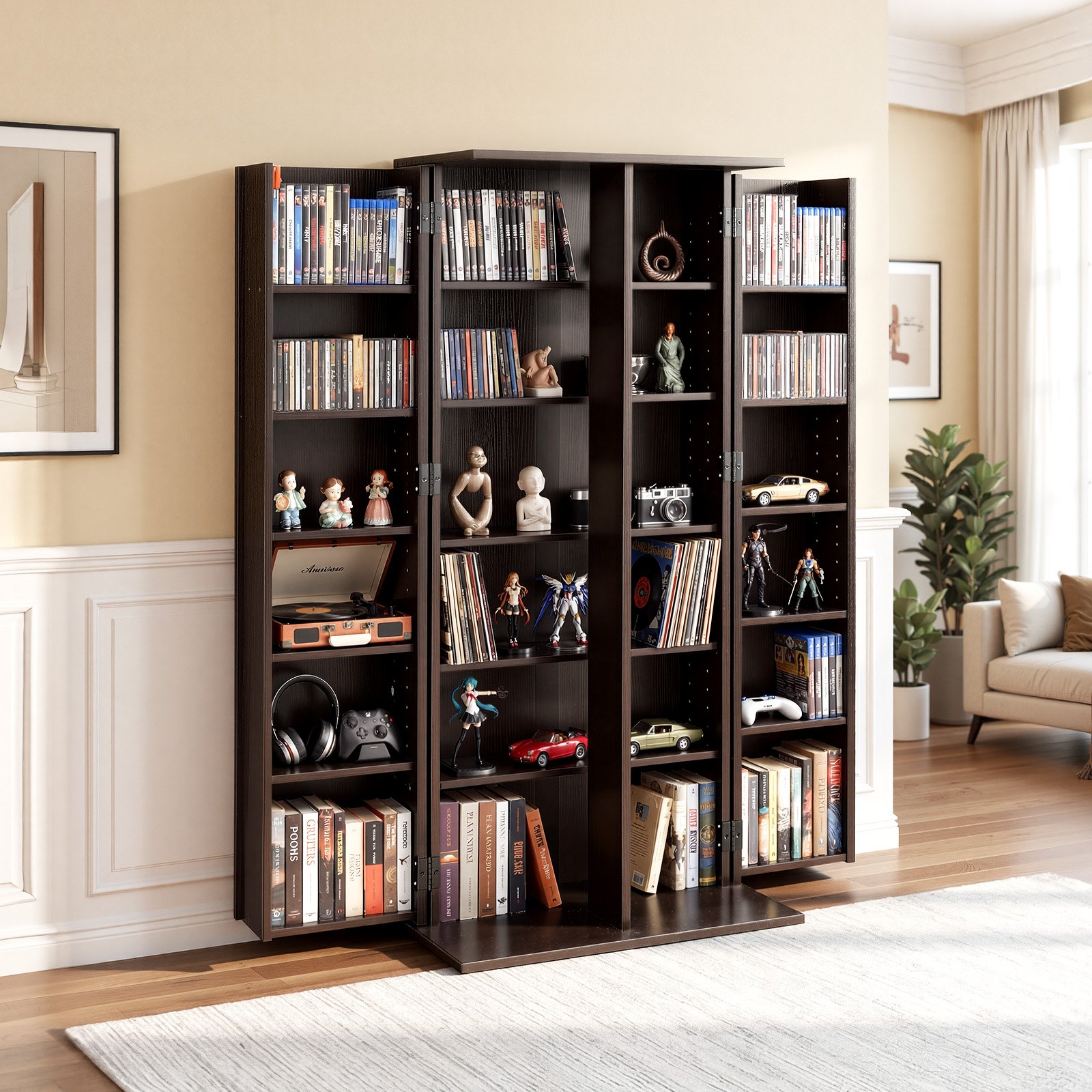 VEVOR Estantería de Pared, 610 x 368 x 1270 mm, Mueble de Almacenamiento, con 2 Puertas y 24 Compartimentos, Estantes Ajustables, Organizador para CDs DVDs Libros Juegos, para Salón Oficina, Marrón