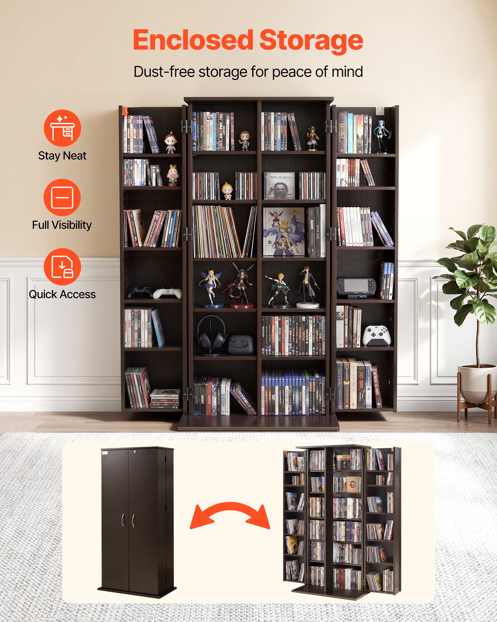 VEVOR Estantería de Pared, 610 x 368 x 1270 mm, Mueble de Almacenamiento, con 2 Puertas y 24 Compartimentos, Estantes Ajustables, Organizador para CDs DVDs Libros Juegos, para Salón Oficina, Marrón
