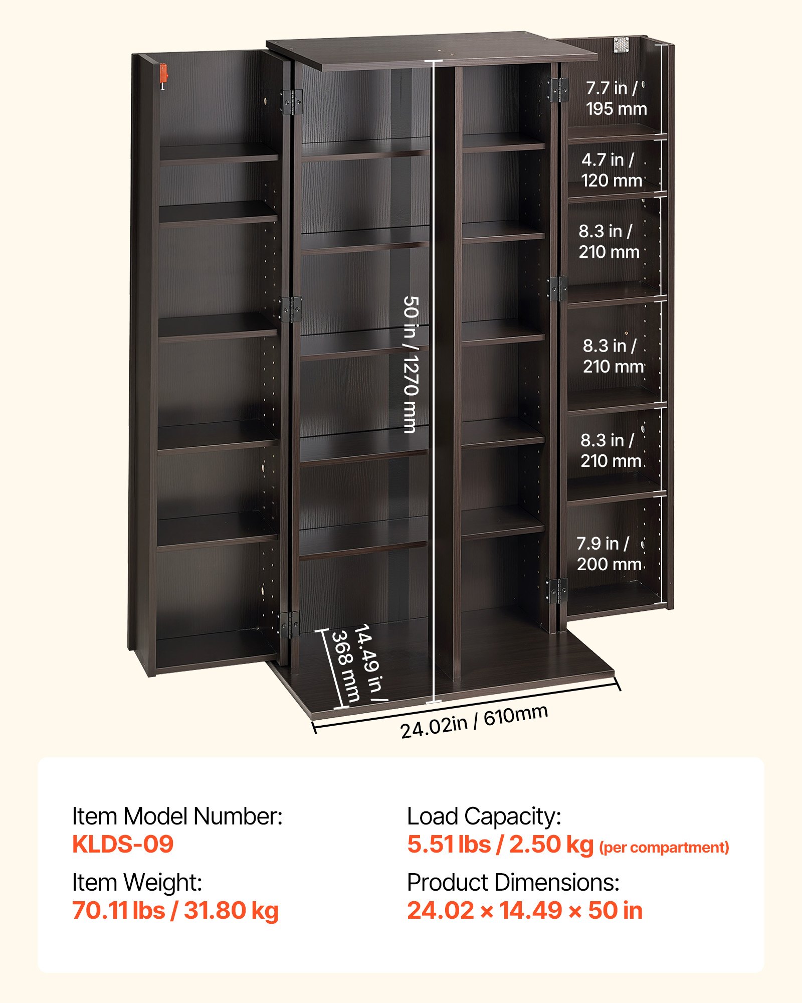 VEVOR Estantería de Pared, 610 x 368 x 1270 mm, Mueble de Almacenamiento, con 2 Puertas y 24 Compartimentos, Estantes Ajustables, Organizador para CDs DVDs Libros Juegos, para Salón Oficina, Marrón