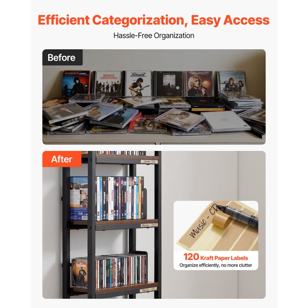 VEVOR Mueble de Almacenamiento Multimedia con 4 Estantes y 2 Cajones, para CD, DVD, Libros y Discos de Juegos, Ideal para Sala de Estar, Oficina en Casa, Sala de Grabación, 40 x 30 x 143,5 cm
