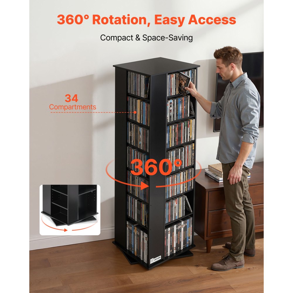VEVOR Mueble de Almacenamiento Multimedia, Torre para CD, 34 Compartimentos, Giratorio, para CD, DVD, Libros y Discos de Juegos, Ideal para Sala de Estar, Oficina en Casa, Sala de Grabación, Negro