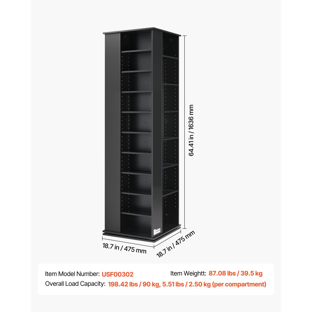 VEVOR Mueble de Almacenamiento Multimedia, Torre para CD, 34 Compartimentos, Giratorio, para CD, DVD, Libros y Discos de Juegos, Ideal para Sala de Estar, Oficina en Casa, Sala de Grabación, Negro