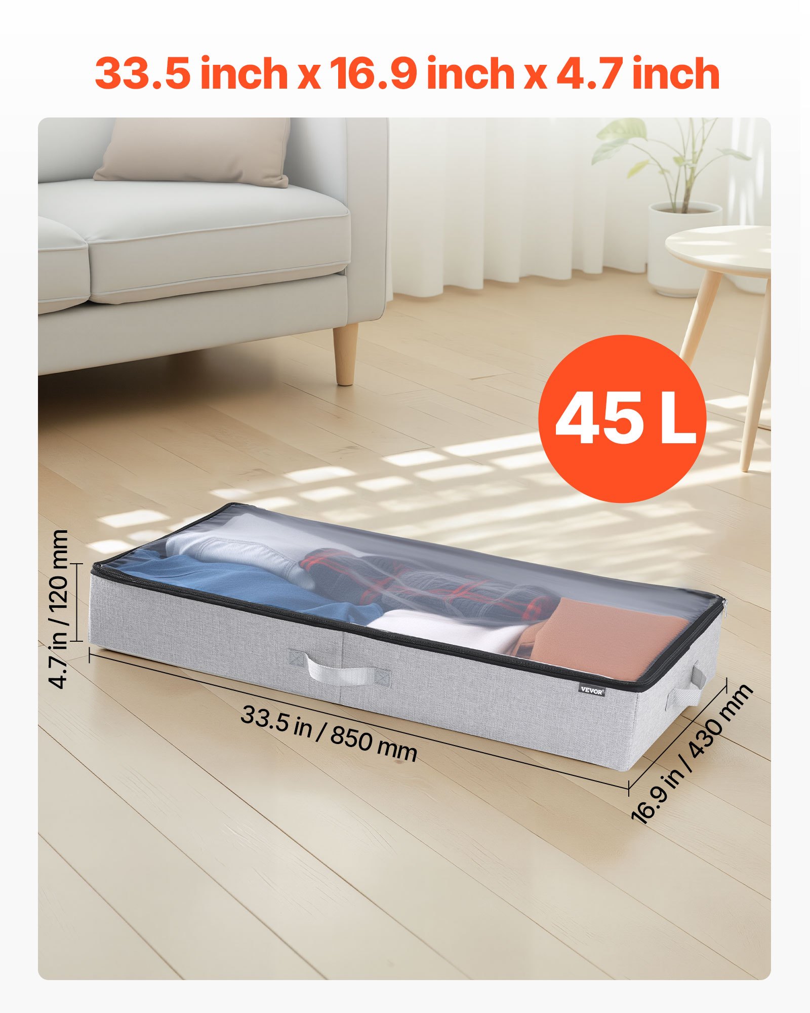 VEVOR Contenedor de Almacenaje para Debajo de Cama 850 x 430 x 120 mm 2 Piezas Bolsa de Almacenamiento Bajo Cama con Tapa Transparente Organizador de Ropa, Mantas para Dormitorios, Salas de Estar