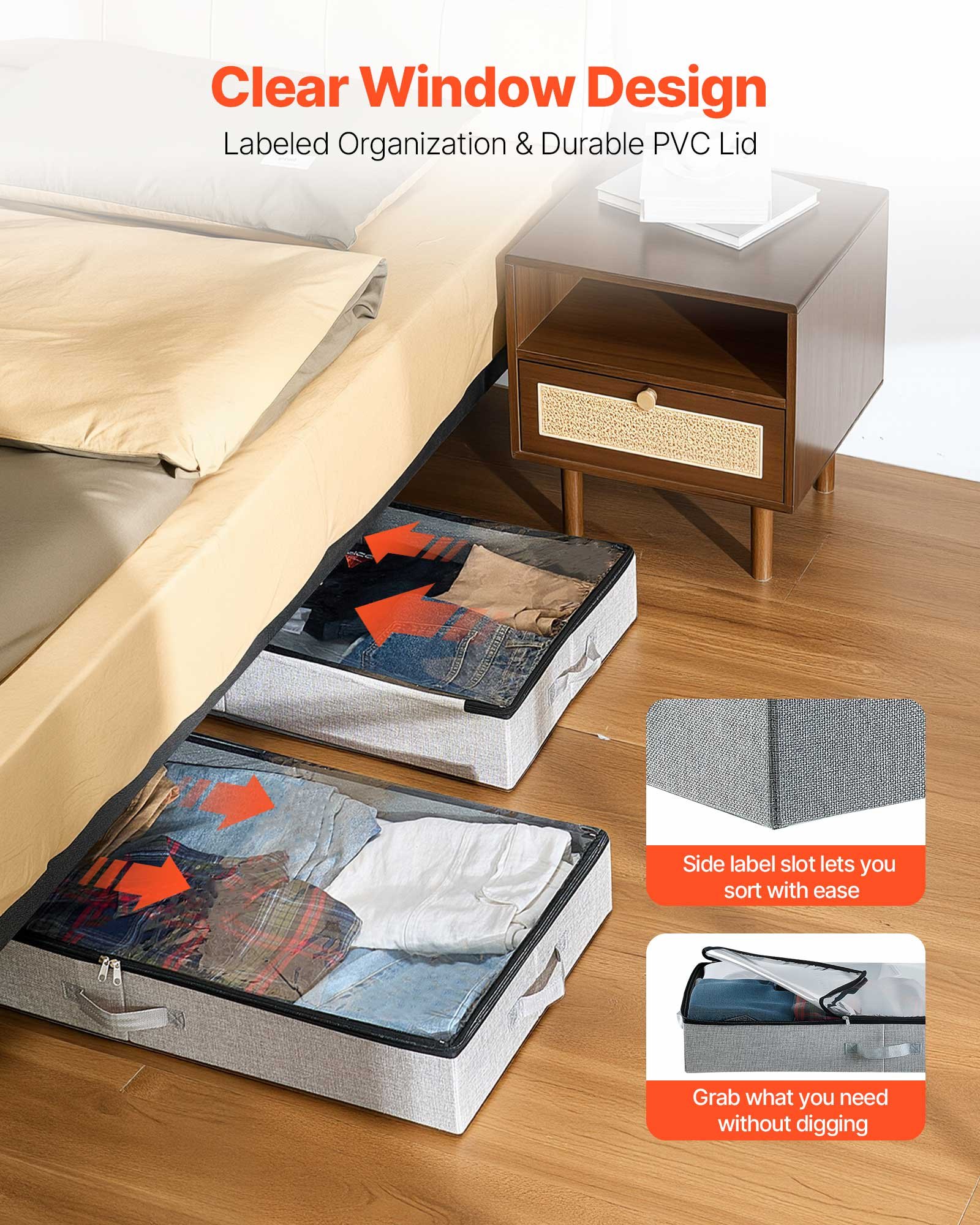 VEVOR Contenedor de Almacenaje para Debajo de Cama 850 x 430 x 120 mm 2 Piezas Bolsa de Almacenamiento Bajo Cama con Tapa Transparente Organizador de Ropa, Mantas para Dormitorios, Salas de Estar