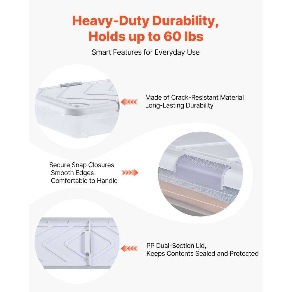 VEVOR Under Bed Storage with Wheels, 1010 x 510 x 150 mm Underbed Containers, Underbed Shoes Organizer with Lid and Gray Latch, Rolling Under the Bed Storage Bins for Clothes Shoes Blankets, 2 Pack