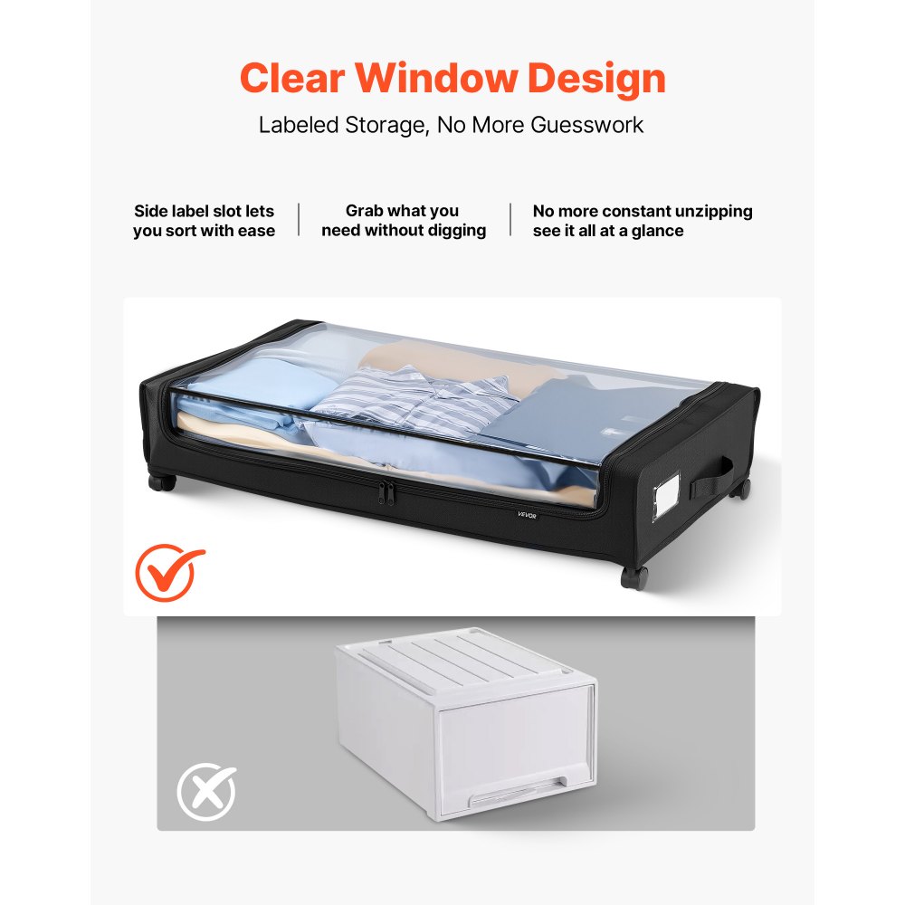 VEVOR Contenedor de Almacenaje para Debajo de Cama con Ruedas 77 x 47 x 17,3 cm 2 Piezas Bolsa Bajo Cama con Tapa Transparente Organizador de Ropa, Zapatos, Mantas para Dormitorios, Salas de Estar