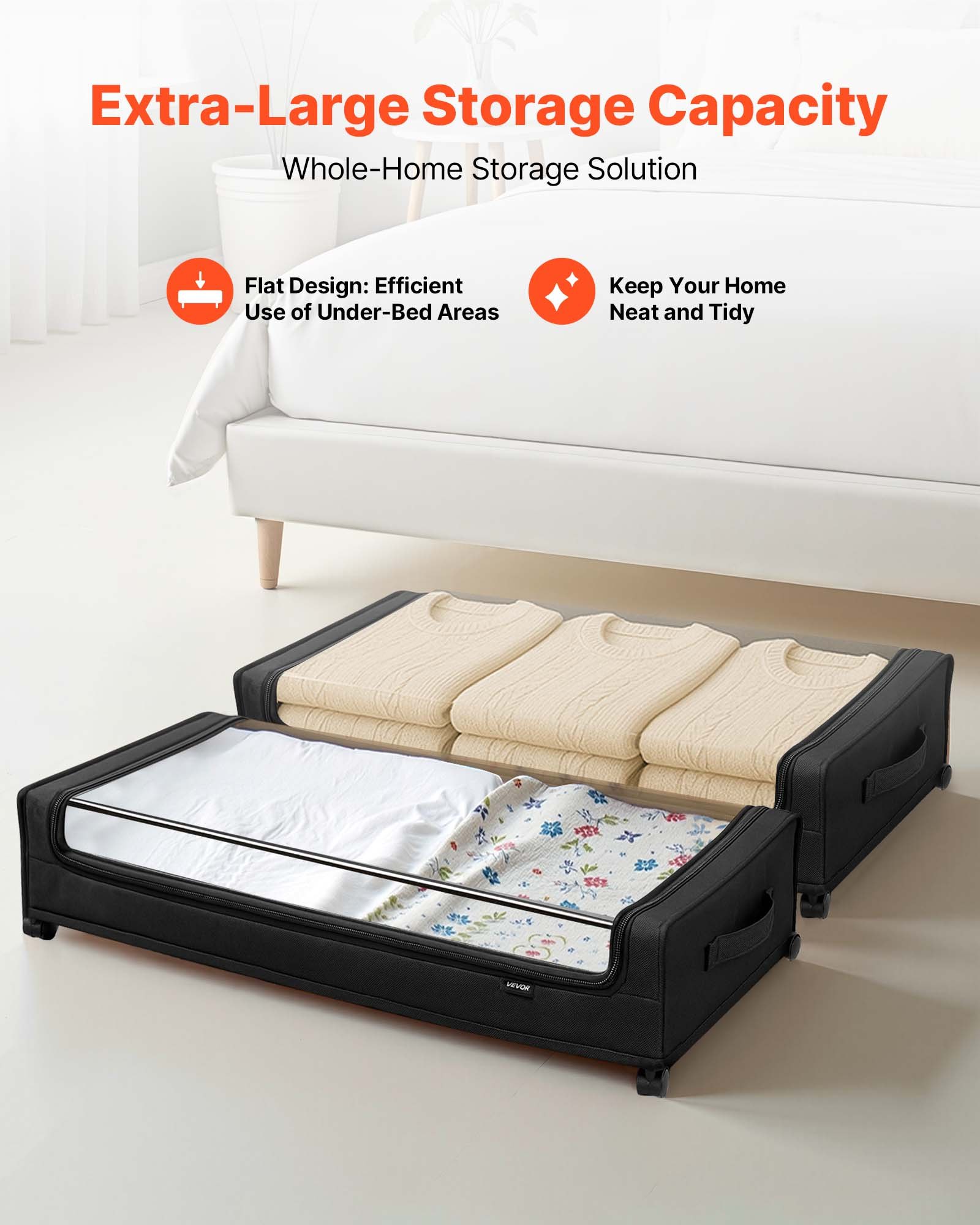 VEVOR Contenedor de Almacenaje para Debajo de Cama con Ruedas 77 x 47 x 17,3 cm 2 Piezas Bolsa Bajo Cama con Tapa Transparente Organizador de Ropa, Zapatos, Mantas para Dormitorios, Salas de Estar