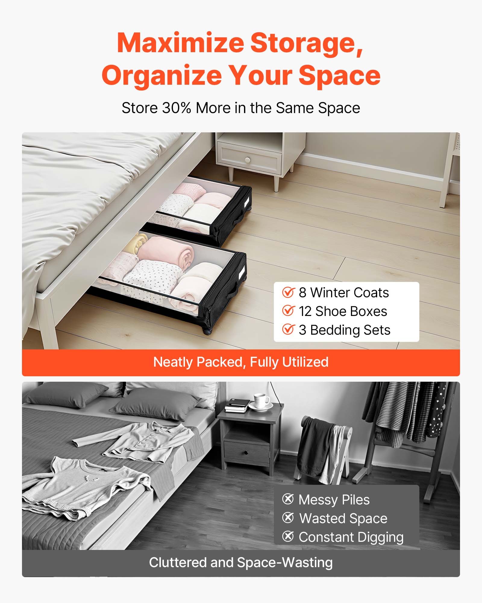 VEVOR Contenedor de Almacenaje para Debajo de Cama con Ruedas 77 x 47 x 17,3 cm 2 Piezas Bolsa Bajo Cama con Tapa Transparente Organizador de Ropa, Zapatos, Mantas para Dormitorios, Salas de Estar