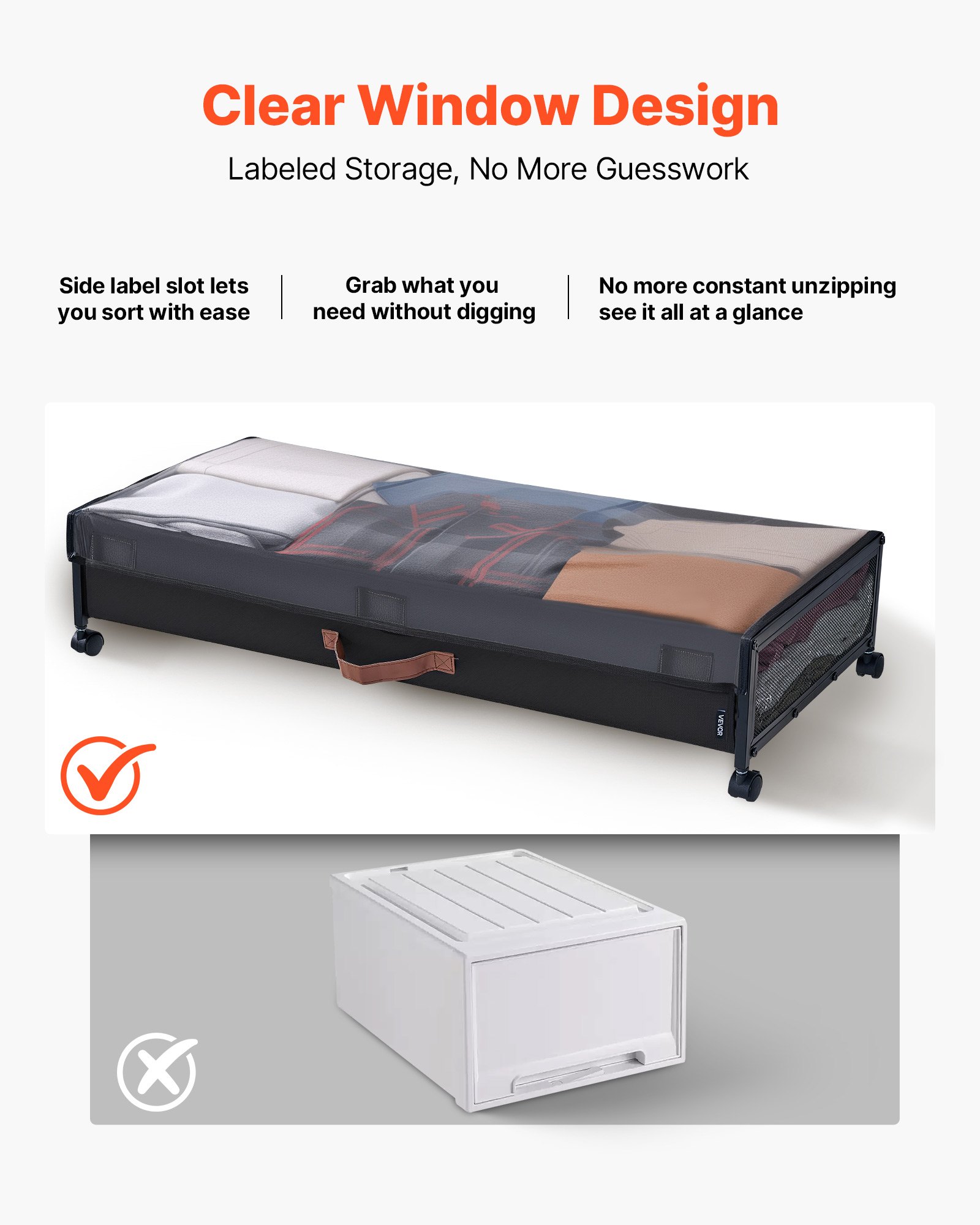 VEVOR Contenedor de Almacenaje para Debajo de Cama con Ruedas 91,5 x 46 x 18,5 cm 2 Piezas Bolsa Bajo Cama con Tapa Transparente Organizador de Ropa, Zapatos, Mantas para Dormitorios, Salas de Estar