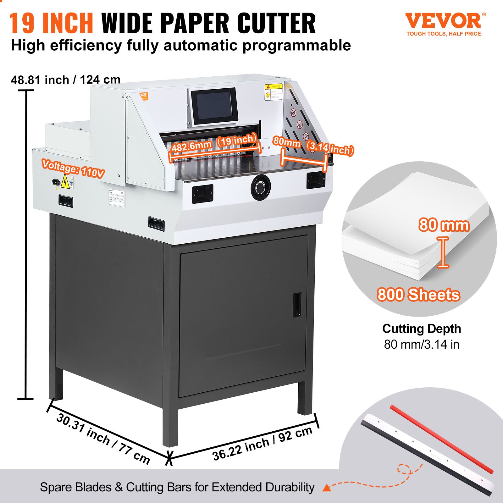VEVOR Cortadora eléctrica Ancho de corte 482,6 mm Espesor 80 mm Cortador de papel automático Cortador de papel de 800 hojas con pantalla táctil de 17,78 cm características de seguridad para imprenta