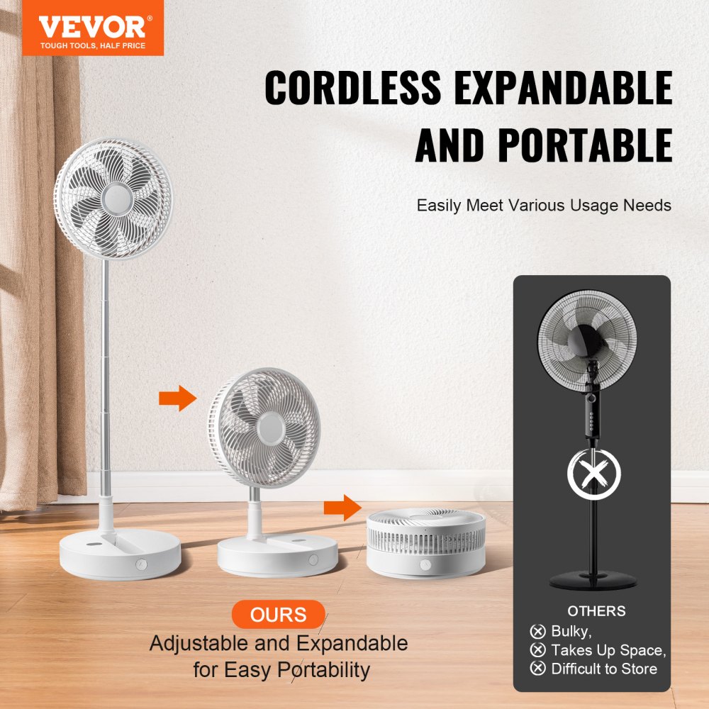 VEVOR Ventilador de Pedestal Portátil Recargable por USB 300 Nmm con Control Remoto Ventilador de Escritorio Silencioso Plegable Retráctil Ajustable 4 Velocidades 10800 mAh para Dormitorio, Camping
