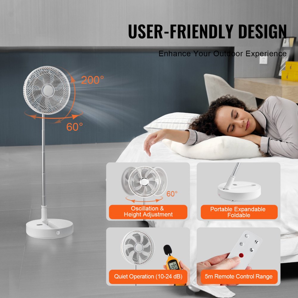 VEVOR Ventilador de Pedestal Portátil Recargable por USB 300 Nmm con Control Remoto Ventilador de Escritorio Silencioso Plegable Retráctil Ajustable 4 Velocidades 10800 mAh para Dormitorio, Camping