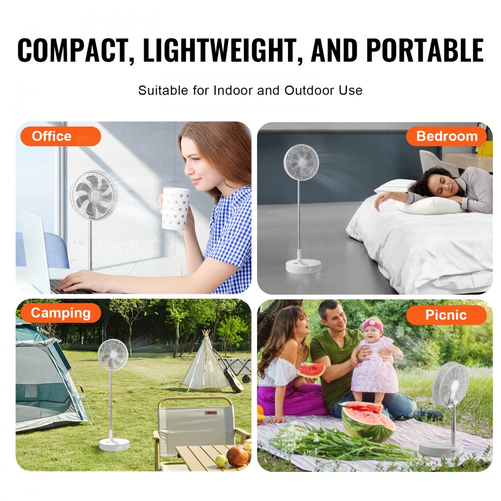 VEVOR Ventilador de Pedestal Portátil Recargable por USB 300 Nmm con Control Remoto Ventilador de Escritorio Silencioso Plegable Retráctil Ajustable 4 Velocidades 10800 mAh para Dormitorio, Camping