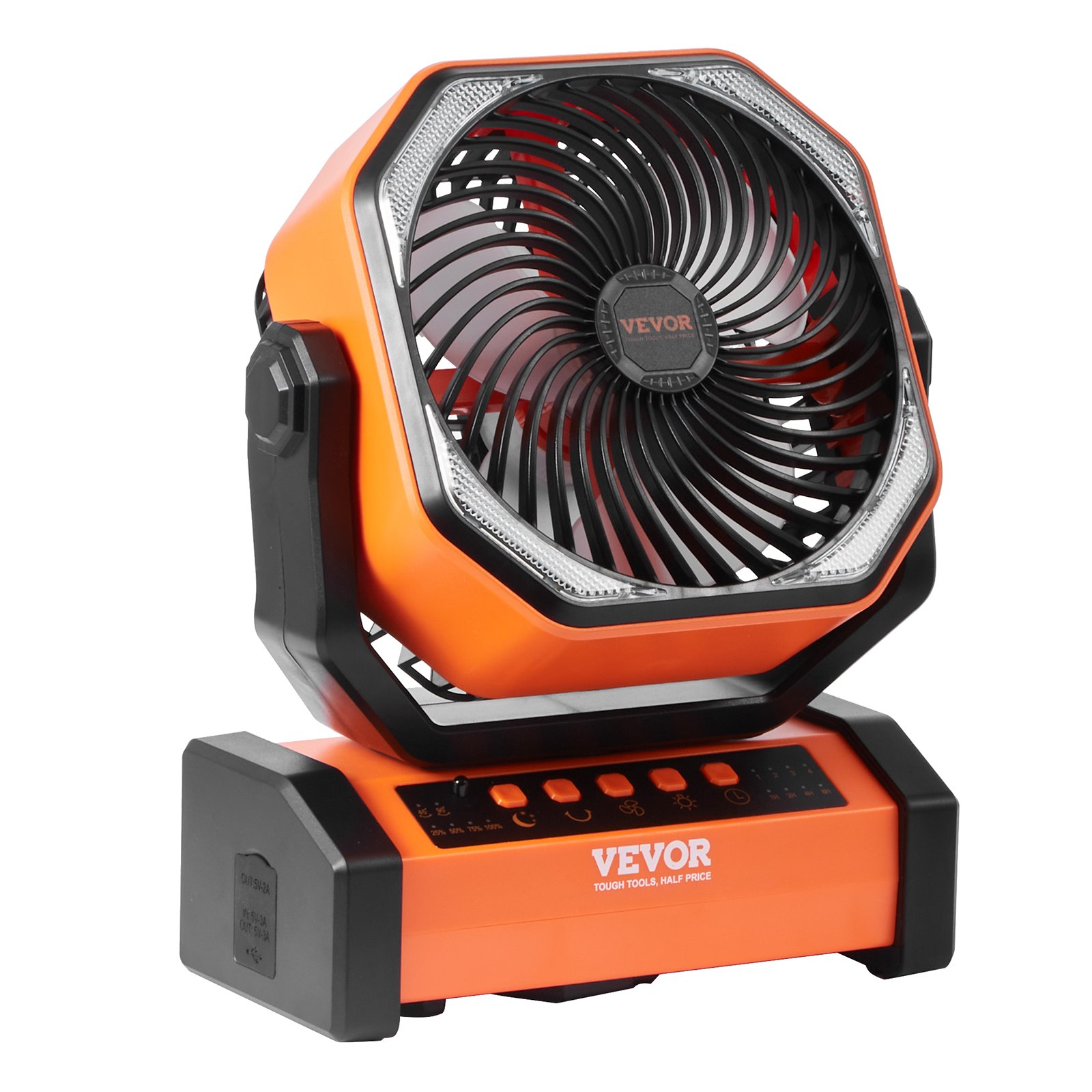 VEVOR Ventilador Portátil USB Recargable de 219 mm con Luces LED Ventilador de Escritorio Pequeño con Batería Giratorio Silencioso Ajustable de 4 Velocidades para Dormitorio, Viajes, Camping