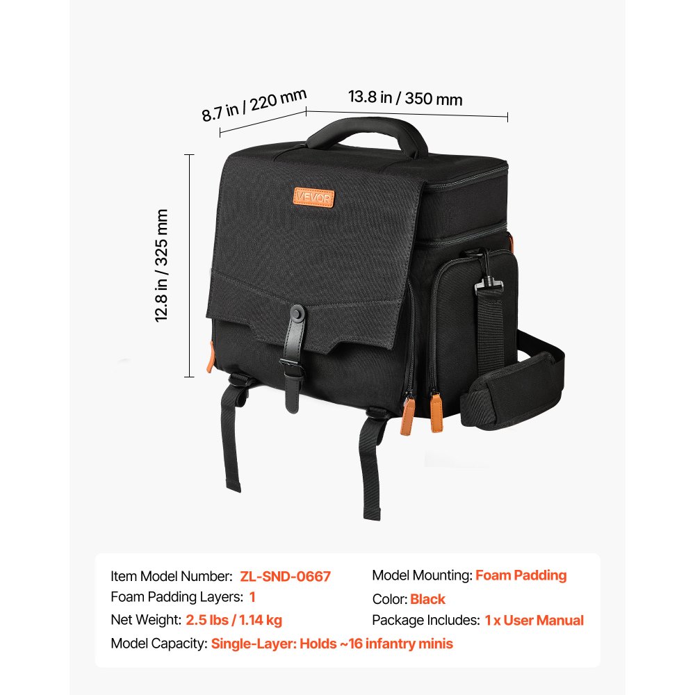 VEVOR Bolsa de Transporte, con Capacidad para 16 Miniaturas de Infantería, Asa y Correa de Hombro Ajustable, 1 Capa de Espuma para Mayor Capacidad, Miniaturas no Incluidas, 350 x 220 x 325 mm