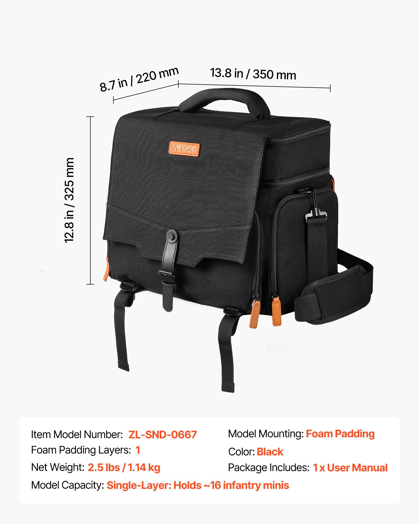 VEVOR Bolsa de Transporte, con Capacidad para 16 Miniaturas de Infantería, Asa y Correa de Hombro Ajustable, 1 Capa de Espuma para Mayor Capacidad, Miniaturas no Incluidas, 350 x 220 x 325 mm