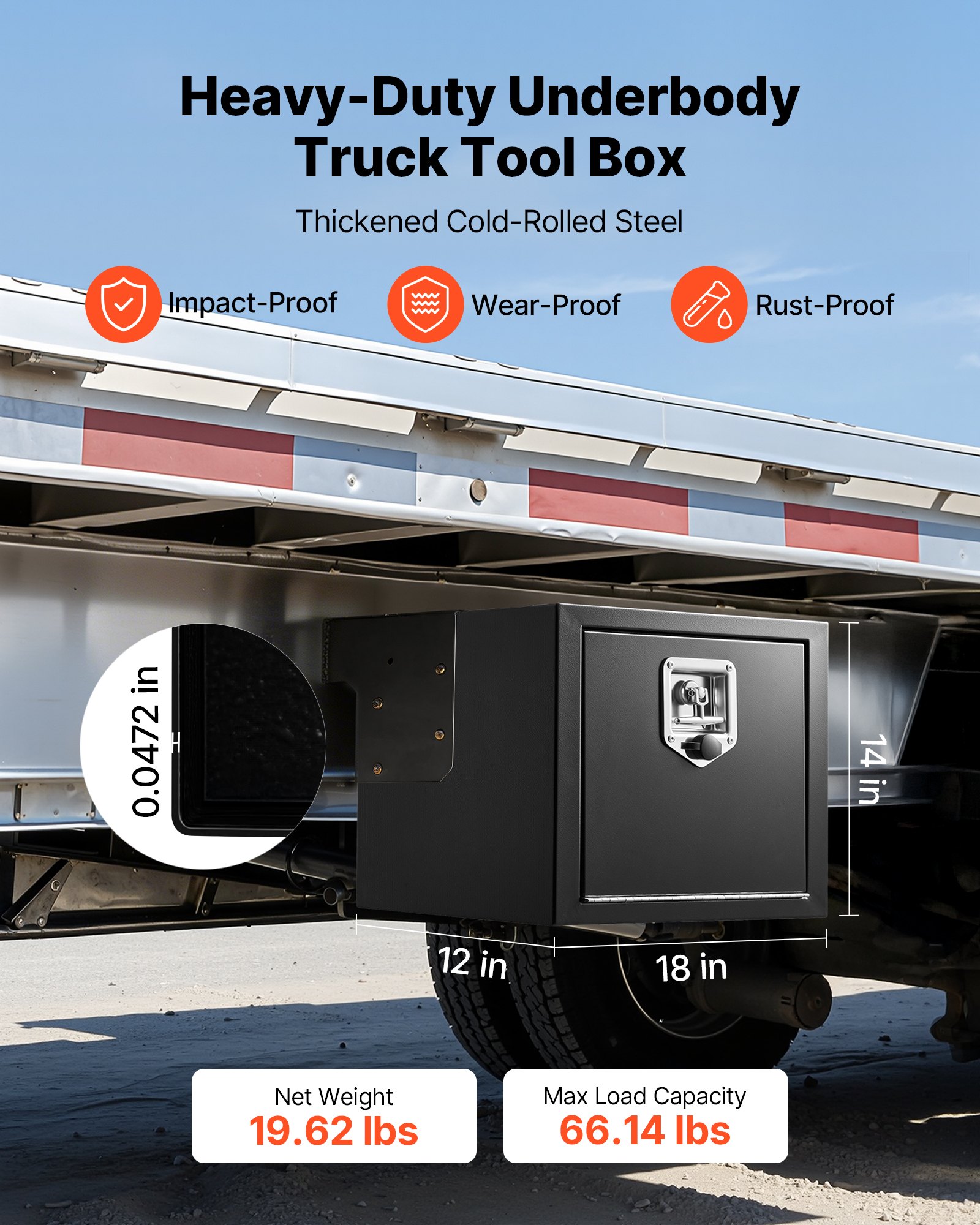 VEVOR Caja de Almacenaje para Camión 457x305x356 mm, Caja de Herramientas de Acero con Cerradura y Llaves, para Debajo de Carrocería del Camión, con Asa en T para Furgoneta, SUV, Camioneta, Negro