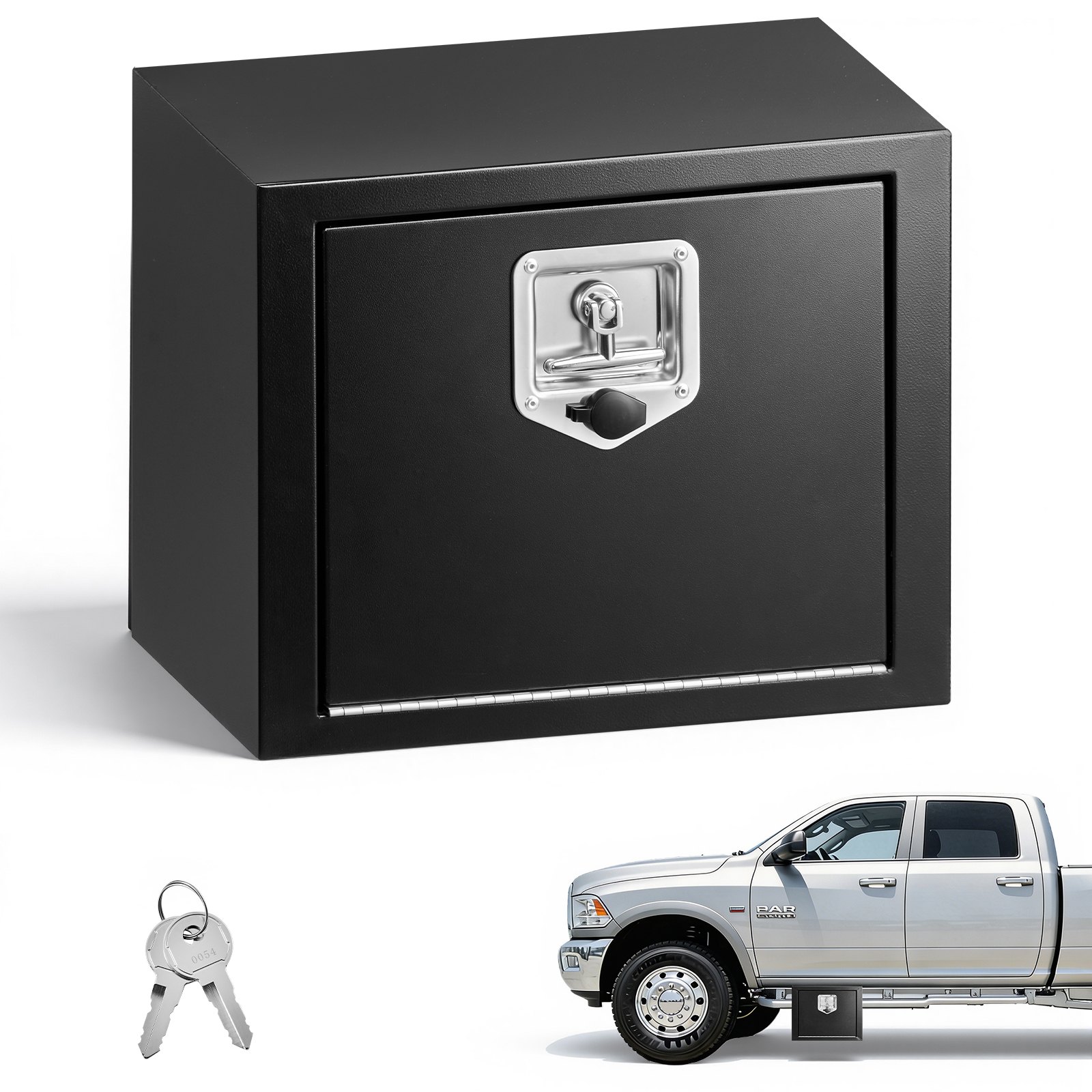 VEVOR Caja de Almacenaje para Camión 457x305x356 mm, Caja de Herramientas de Acero con Cerradura y Llaves, para Debajo de Carrocería del Camión, con Asa en T para Furgoneta, SUV, Camioneta, Negro